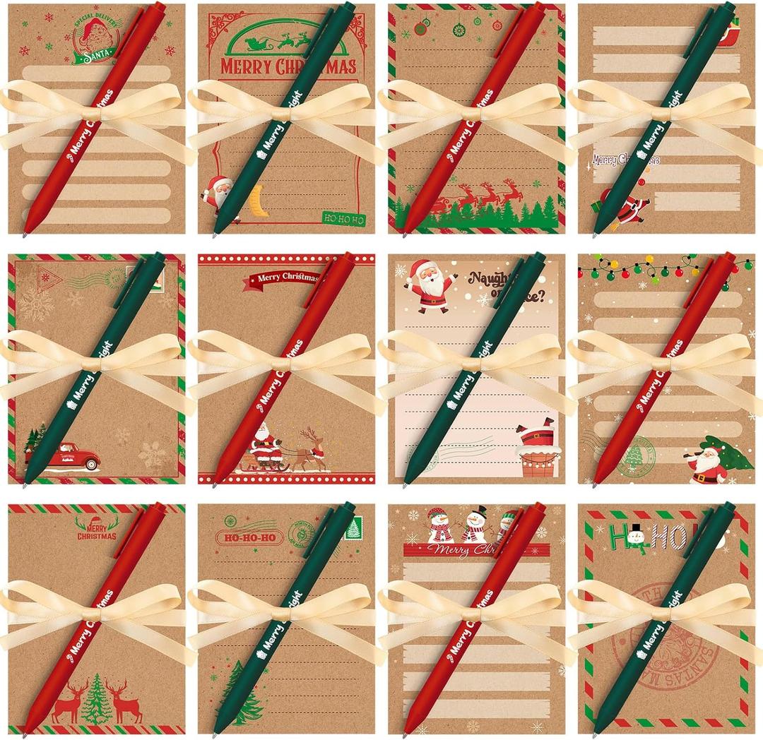 36 Pcs Christmas Sticky Notes Set Include 12 North Pole Naughty Nice Notepads and 12 Pen and 12 Ribbon Christmas Self Adhesive Memo Pads for Xmas Gifts School Office Home Party Supplies
