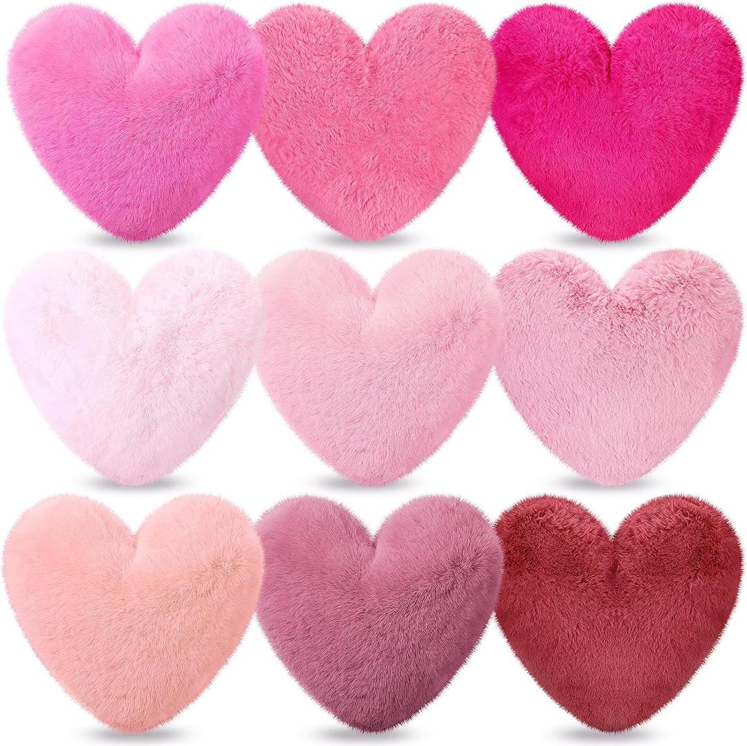 9 Pcs Pink Series Heart Pillow Faux Rabbit Fur Fluffy Heart Throw Pillows Cute Decorative Soft Throw Cushion for Women Couch Bed Sofa Chair Home