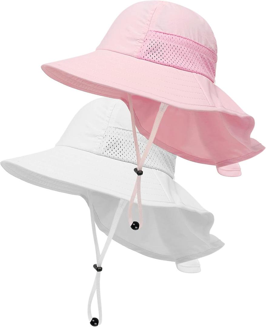 Toddler Baby Sun Hat Kids Summer UPF 50+ for Boys Girls Adjustable Beach Hats with Bucket Wide Brim Age 1-7 Years (2 Pack (Pink + White))