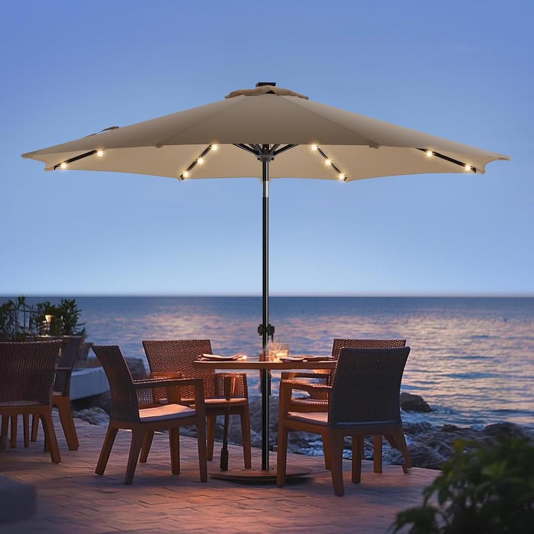 wikiwiki 10ft Solar Led Patio Umbrella, Sturdy Outdoor Market Umbrella for Deck, Pool, Garden w/Tilt, Crank, 32 LED Lights, Tan