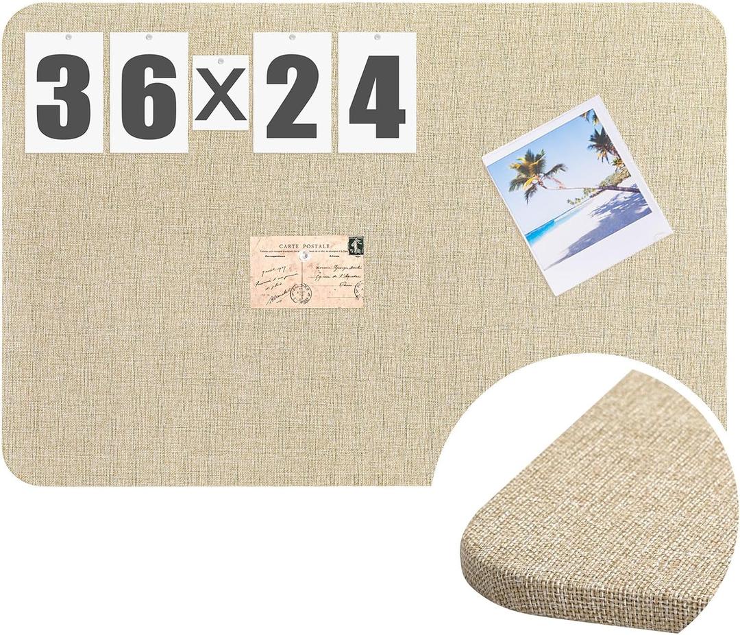 36"x 24" Linen Fabric Bulletin Board Pinboard for Walls Display Frameless Pinboard Display Notice Memory Board for Office Walls Home Kitchen Easy to Install(Brown)