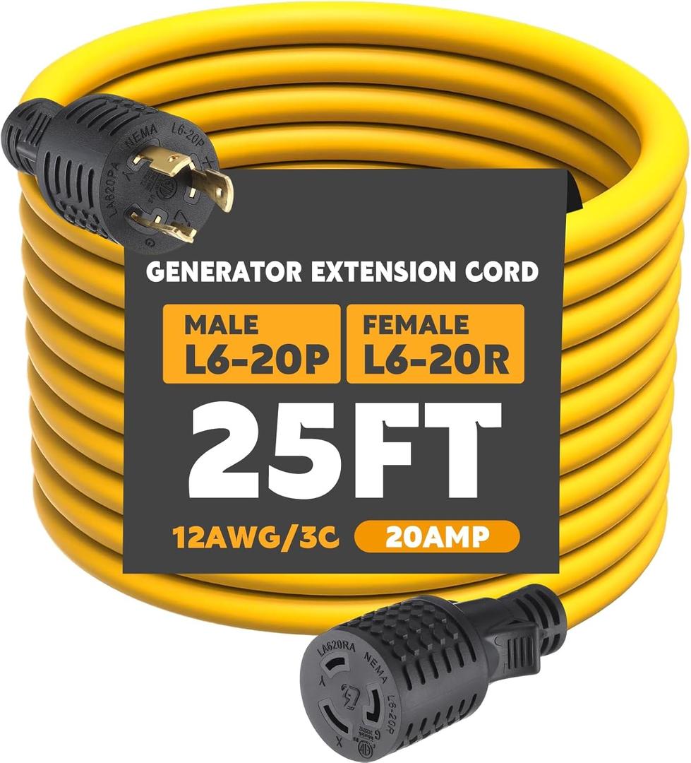 25ft L6-20 Generator Extension Cord Compatible with NEMA L6-20P Male Plug to L6-20R Female Receptacle 3 Prong 20 Amp Locking Power Cord, STW 12 AWG/3C,250 Volt 5000 Watts, ETL Listed