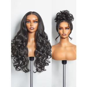 GORGIUS Glueless Natural Black Wavy Wigs HD Transparent Lace Front Wigs Put On Go Wigs Pre Plucked Crafted with Style-Archive Technology: Premium Fiber & Remy Human Hair Blend with Natural Hairline