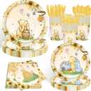 140pcs Classic Bear Baby Shower Decorations Baby Shower Party Tableware with Plates, Napkin, Forks, Cups for Birthday Party Supplies Set Serves 20 Guests (Yellow)