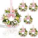 6 Pcs Easter Small Candle Rings Wreaths Mini Pillar Candle Holder Wreath with Artificial Easter Eggs and Spring Flowers for Home Kitchen Table Cnterpieces Decor Front Door Porch