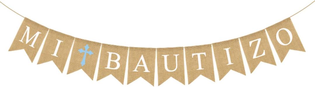 Baptism Decorations for Boys Kids, Blue Cross Mi Bautizo Spanish Burlap Banner, Baptism Wall Sign and Flag,Rustic First Communion God Bless Party Supplies and Favors