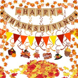Famoby Happy Thanksgiving Burlap Banner Paper Triangular Bunting Maple Leaf Pumpkin Turkey Garland for Thanksgiving Day Welcome Autumn harvest Party Decorations