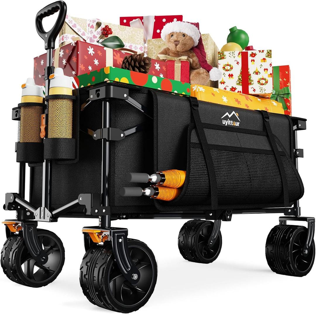 Collapsible Wagon Cart Heavy Duty Foldable, Folding Beach Wagon with Big Wheels for Sand, Utility Grocery Cart with Side Pocket and Brakes for Camping Sports Outdoor Activities, Black
