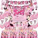Birthday Party Supplies,Minnie Theme Style Party Decorations Include Happy Birthday Banner,Backdrop,Tablecover,Cake Toppers,Cupcake Toppers,Spiral Charms and Latex Balloons Set