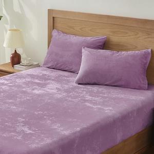 BEDELITE Velvet Fitted Sheet and Pillowcases Set, Luxury Soft Fuzzy Bottom Sheet with Reinforced Elastic Corner Straps, Deep Pocket up to 15 Inch, 1 Fitted Sheet and 2 Pillowcases (King, Lavender)
