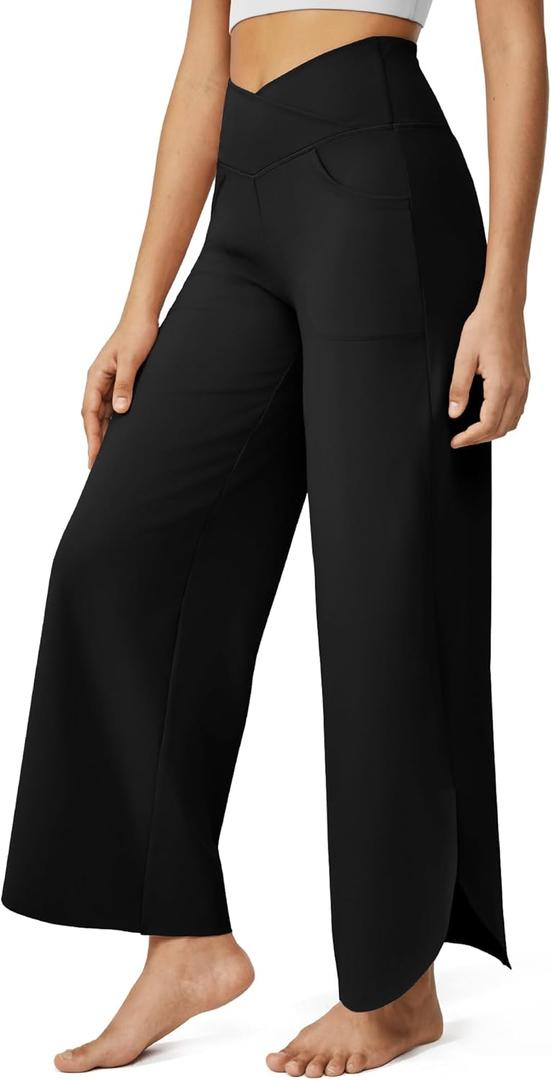 G4Free 25''/27''/29'' Wide Leg Pants for Women Ankle Length Loose Yoga Cross High Waist Dance Casual Pants with Pockets (Medium Tall, Black)