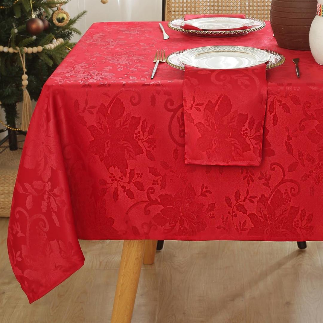 SASTYBALE Christmas Tablecloth 52 x 70 Inch Red Rectangle Poinsettia Jacquard Xmas Tablecloths, Spillproof Anti-Wrinkle Damask Fabric Table Cover for Winter, Xmas & Holiday Parties