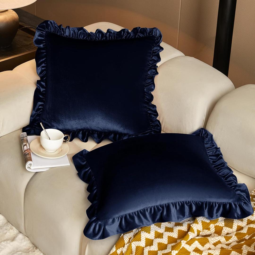 KKJIAF Navy Blue Velvet Throw Pillow Covers 18 x 18 Inch Set of 2, Ruffle Euro Pillow Shams Velvet Square Pillow Case for Sofa Bedroom Couch Decorative