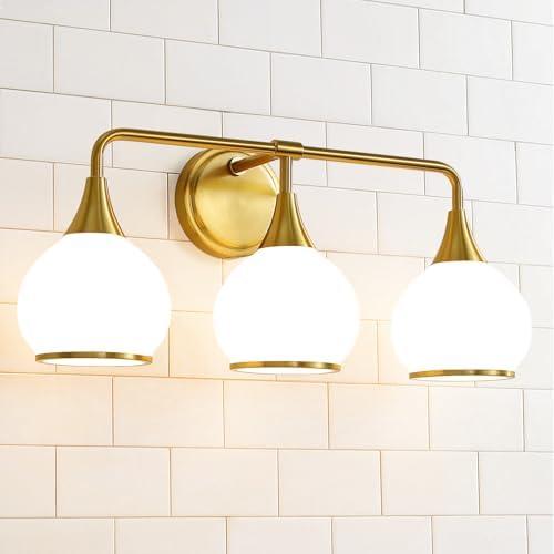 HAHZT Brushed Gold Bathroom Light Fixtures 3-Lights Vanity Lights with Milky White Frosted Glass Shade Bathroom Vanity Light 22.4 inch Wall Sconce Lighting Bath(Exclude E26 Bulb)