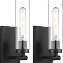 Emak Modern Black Wall Sconces Set of Two, Farmhouse Bathroom Sconce with Clear Glass Shade, 2 Light Bathroom Vanity Light for Living Room, Bedroom, Gallery, WS086-BK-CG-2PK