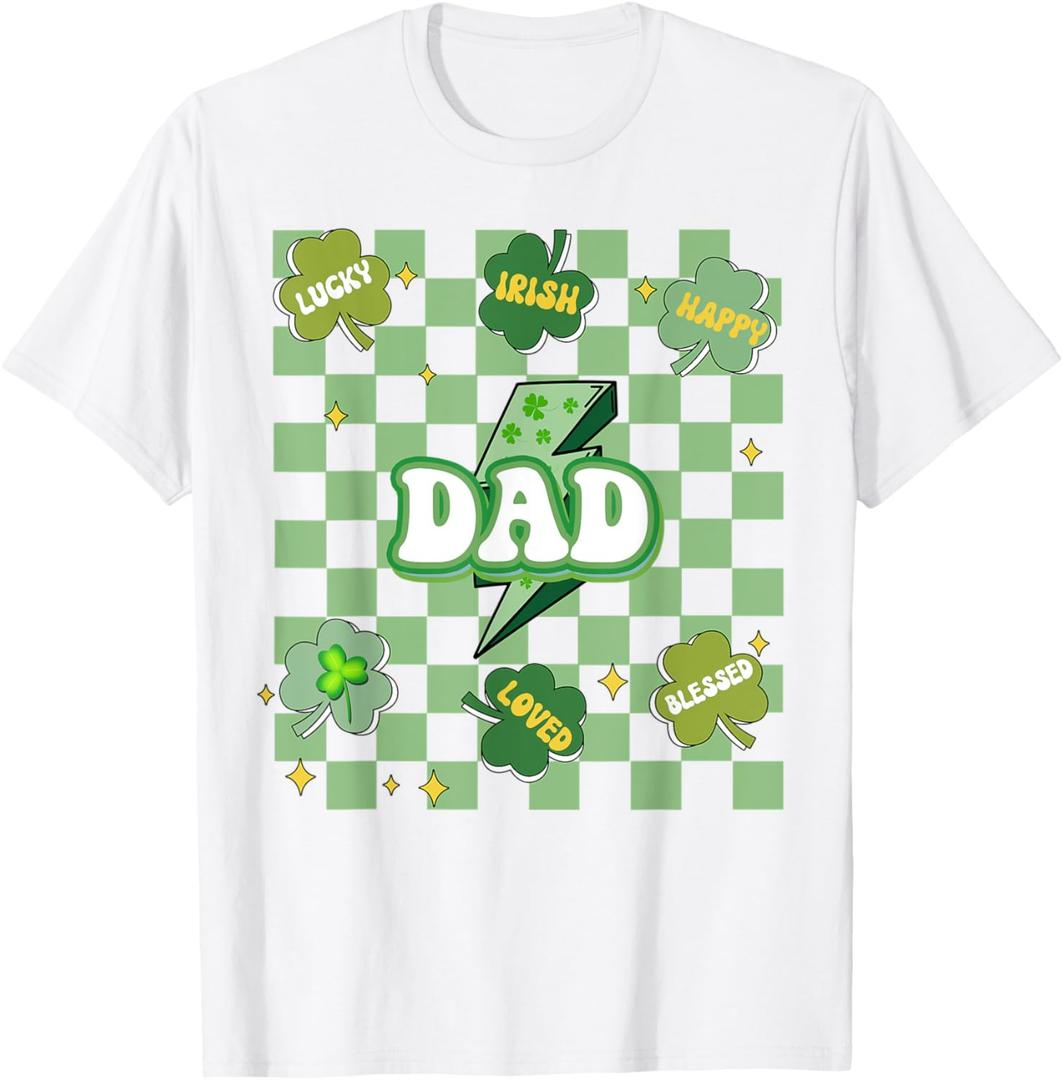 Mens Lucky Dad Conversation Shamrocks Pattys Day Groovy T-Shirt (Small)