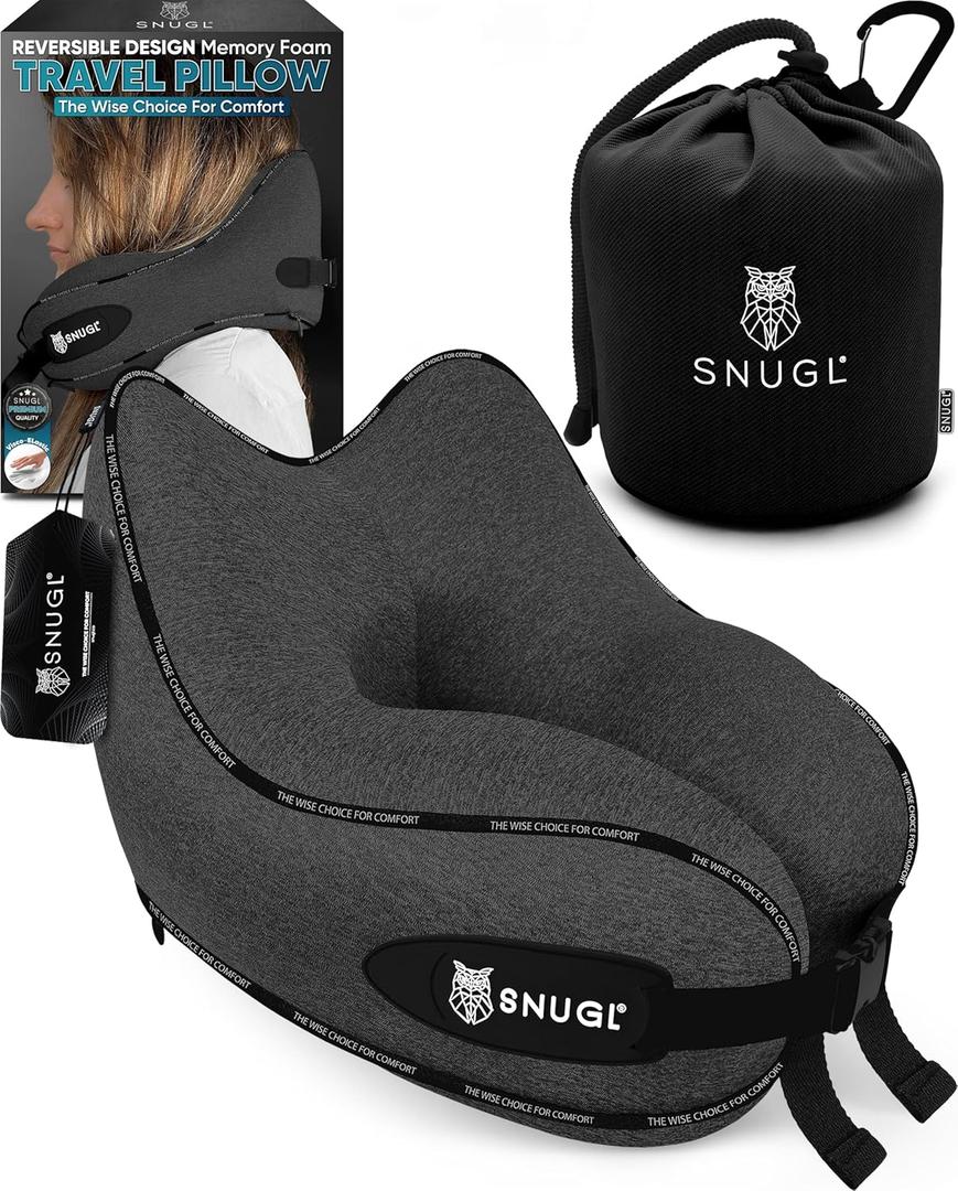 SNUGL Travel Pillow  Memory Foam Pillows - Neck Pillow for Airplane with Carry Bag & Clip  Neck Support Pillows for Pain Relief - Airplane Travel Essentials (Adult Regular - Dark Grey)