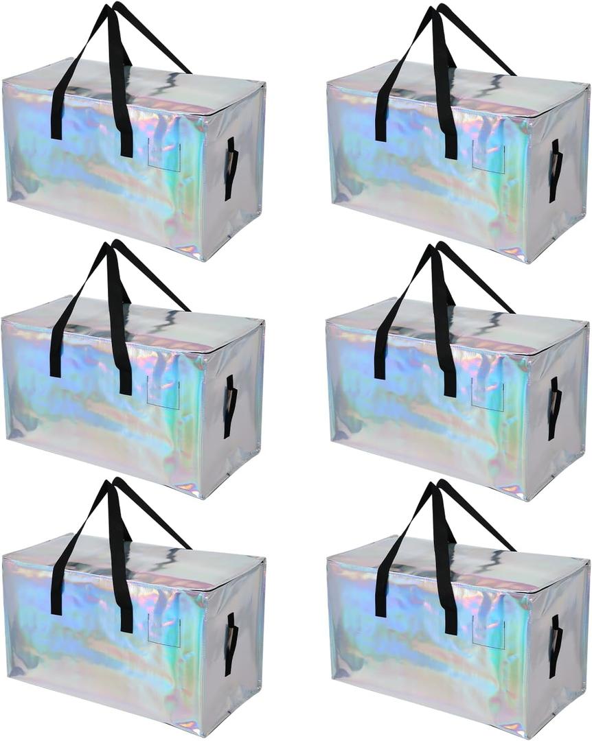6 Pack Moving Bags Heavy Duty, Extra Large Moving Bags, Moving Supplies, Storage Bags with Handles and Zippers, Waterproof Totes for Storage Saving Packaging Shipping and Travel(Laser Silver)