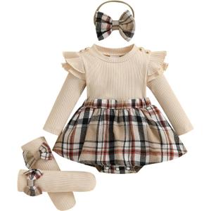 Giraropa Baby Girl Fall Winter Clothes Long Sleeve Romper Dress + Socks + Headband Newborn Infant Cute Casual Outfits (3-6 Months, Khaki)