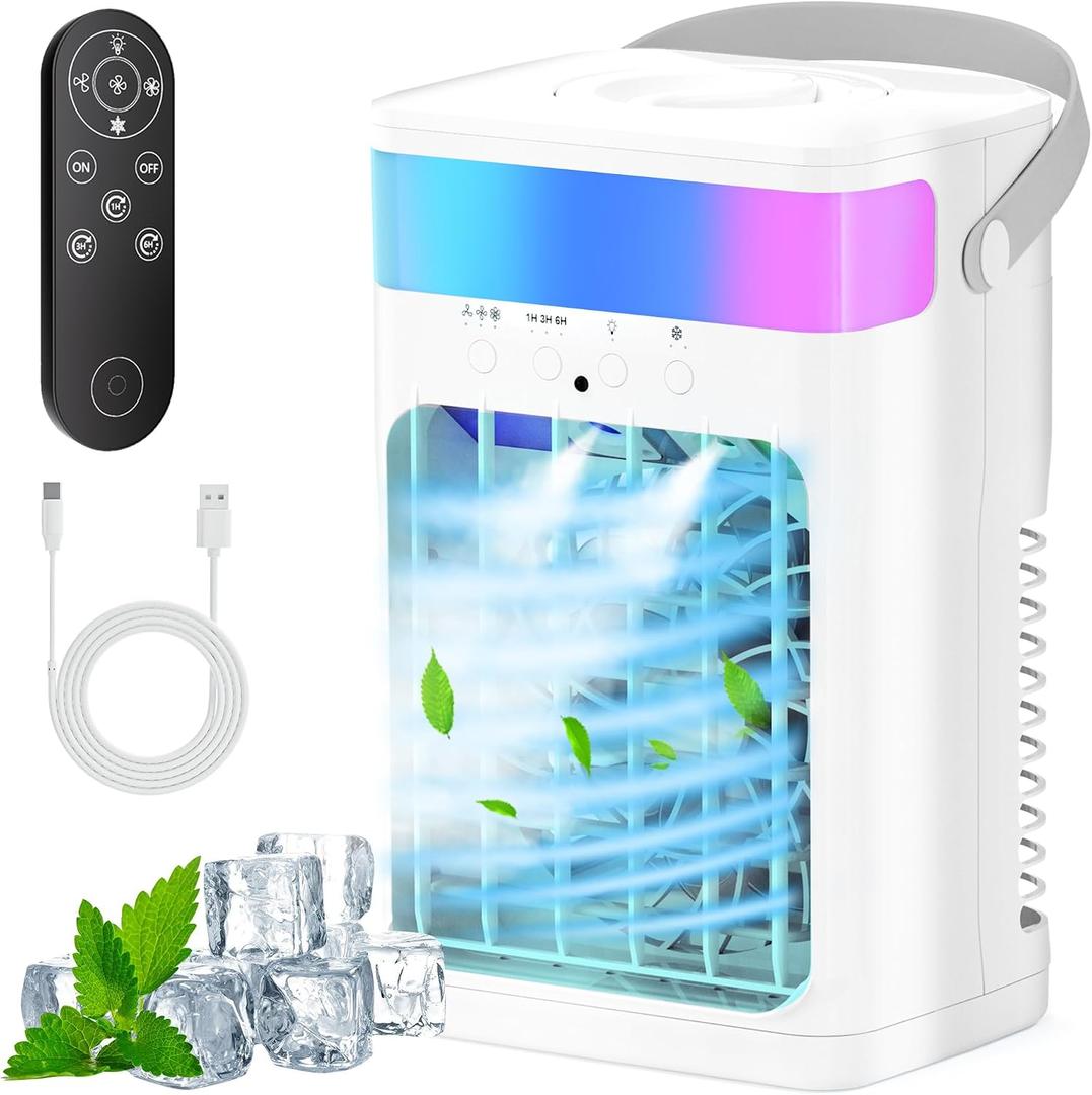 Portable Air Conditioner, Cooling Fan 3 Speeds & 3 Modes Personal Cooling Fan Mini Air Conditioner Fan with Remote, 1500ML Water Tank, Night Light, for Home Office Bedroom