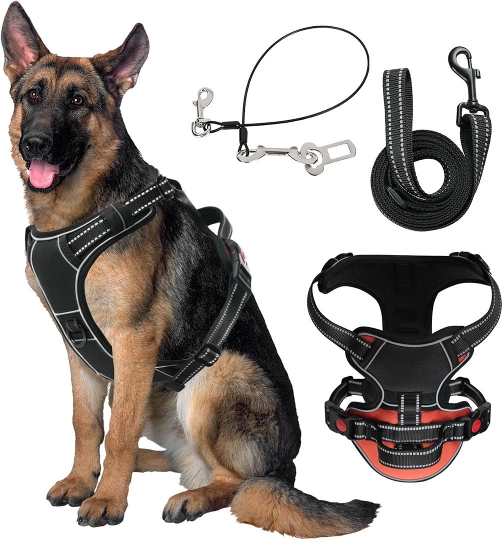 No Pull Dog Harness for Large Dogs-Medium Dogs, Adjustable Reflective Oxford Material Vest, with Heavy Duty Dog Leash, Chew-Resistant Steel Cable, Safety Lock and Easy Control Handle. (Dual Color, Size L)