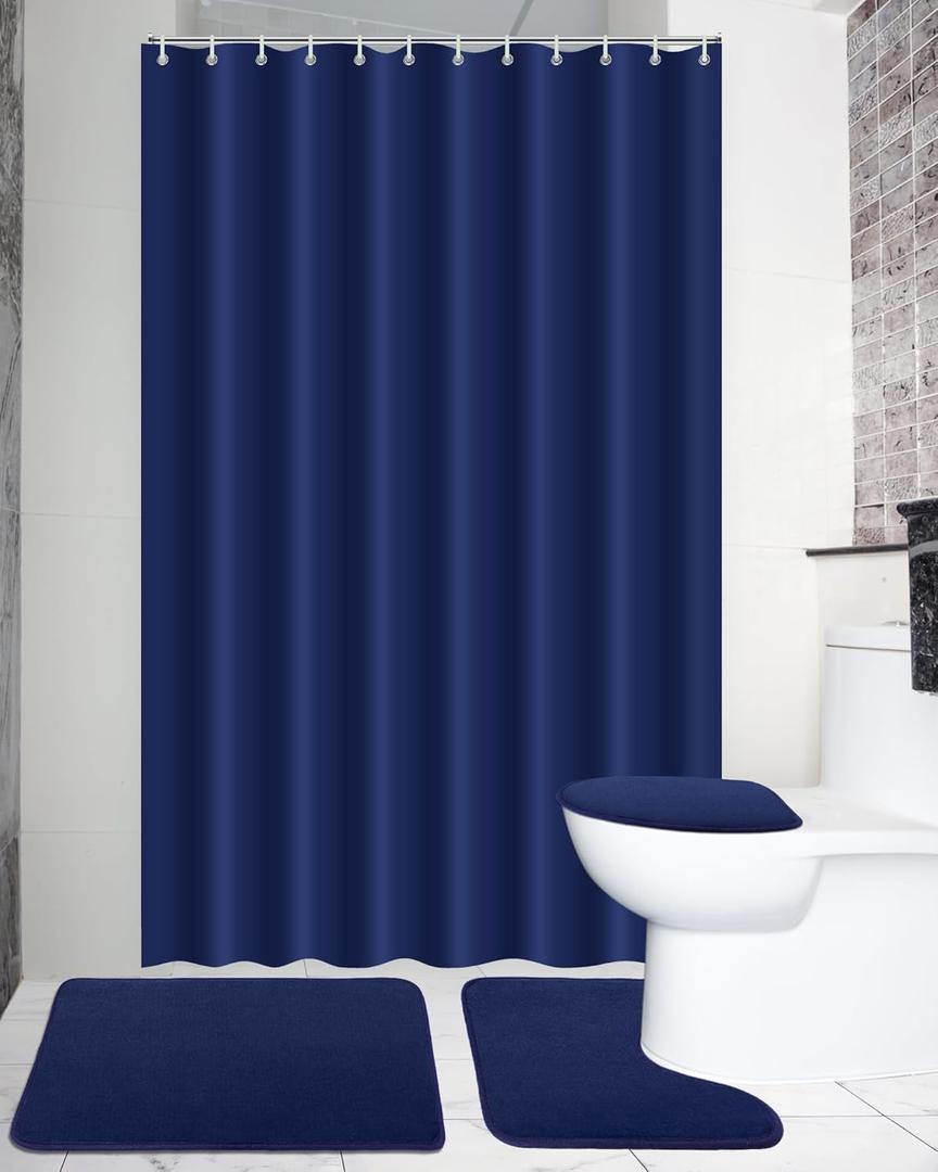 Hosuly 4 Pcs Bathroom Shower Curtain Set with Non Slip Rugs, Toilet Lid Cover and Bath Mat, Waterproof Bathroom Curtains with 12 Hooks Shower Set for Solid Color Bathroom Decor (Blue)