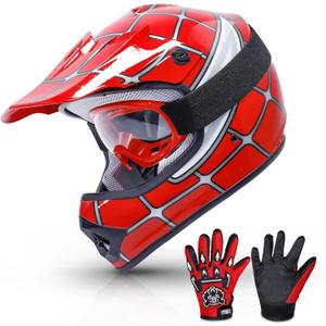 TCMT Youth Dirt Bike Helmet DOT Certified - Kids Full Face Motocross ATV Helmet with Goggles, Gloves and Helmet Bag for Off-Road, BMX, MX, Street Riding, Pattern:red Spider, Youth Large