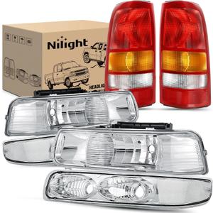 Nilight Headlight and Taillight Assembly Combo Compatible with 1999 2000 2001 2002 Chevy Silverado 1500 2500 1500HD 2500HD Fleetside only OE Style Chrome Housing Clear Reflector with Red Tail Lights