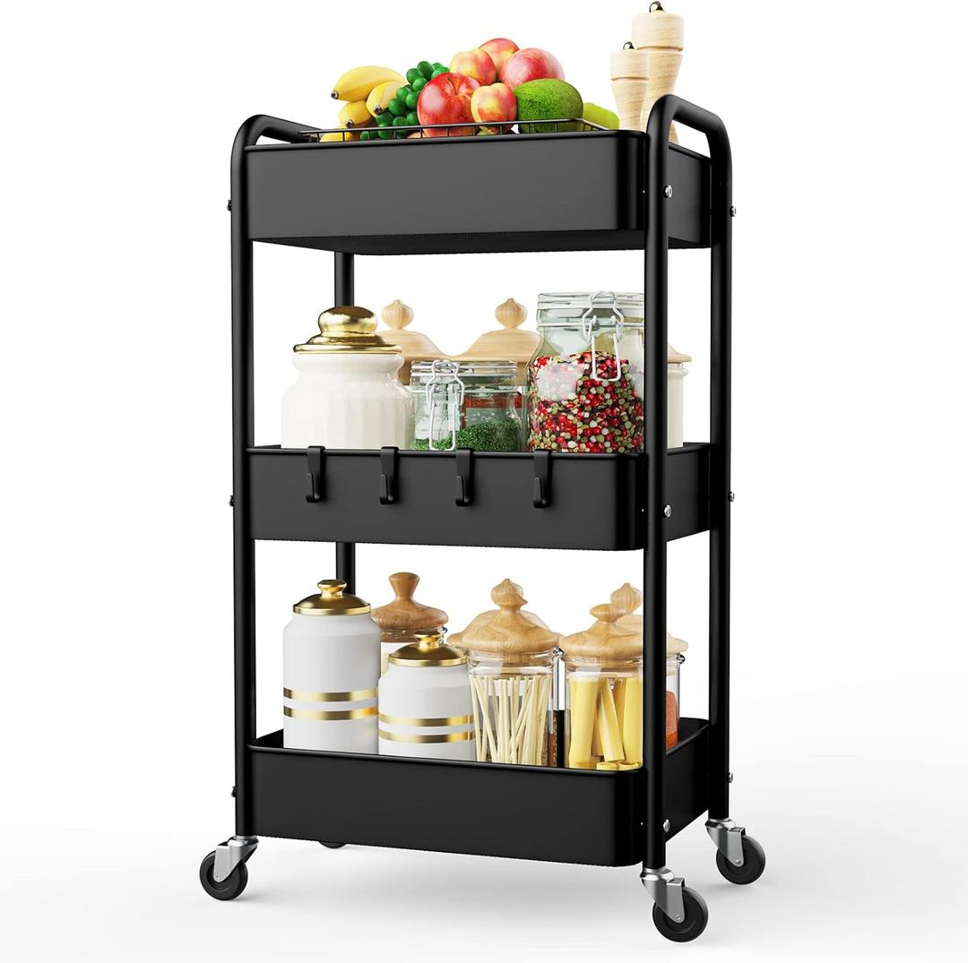 LEHOM 3 Tier Rolling Storage Cart, Metal Trolley Utility Cart with Wheels & Hooks, Easy Assembly Organizer Storage Cart for Bathroom Kitchen Office Bedroom (Black)