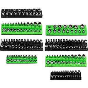 Magnetic Socket Organizer Holder Tool: 8PCS Set includes 2PCS 1/4", 4PCS 3/8", 2PCS 1/2" Drive Socket Storage Trays Toolboxs, Holding 199 Slots Soft Rubber Covering Black Green (sockets not included)