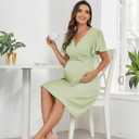 AISWI 2024 Summer Maternity Nursing Dress Pockets Baby Shower Wedding Guest Pregnancy Short Ruffle Sleeves A-line Midi (Green, M)
