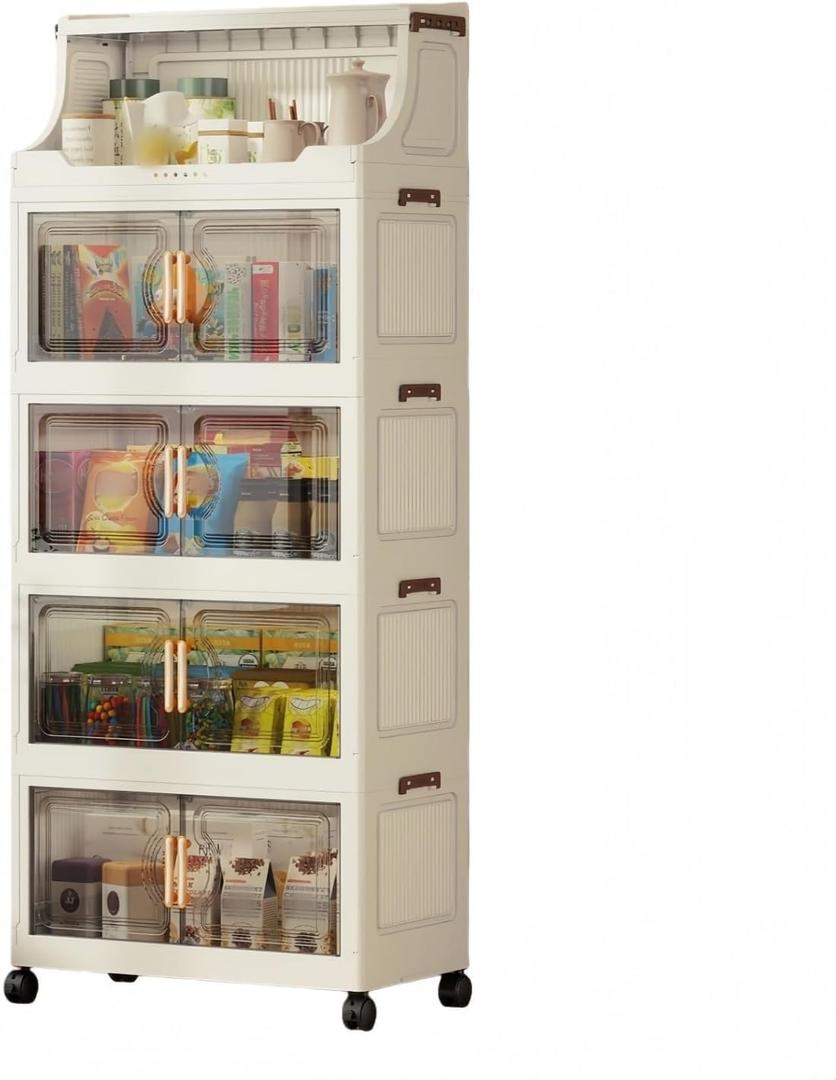 217QT Stackable Storage Bins with Lids & Rack, 5 Tier Large Capacity Foldable Storage Cabinet, Clear Collapsible Pantry Organizer for Home, Kitchen, Bathroom, Dorm, Office, Clear, 5 Tier 43.5QT
