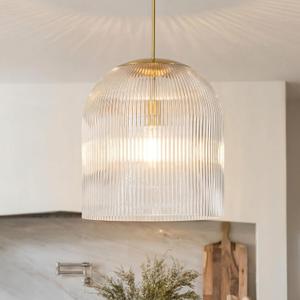 Ribbed Glass Pendant Light Fixture - Clear Vintage Industrial Shade, Adjustable Canopy for Sloped Ceilings, Kitchen Island Lighting, Dining Room & Home Decor Hanging (13.8" Dia x 15" H)