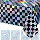 3Pack Black and Iridescent Checkered Plastic Tablecloth, Shiny Disposable Laser Rectangle Table Covers, Holographic Foil Tablecloth Iridescent Party Decorations for Picnic Camping Race Car, 54x108Inch