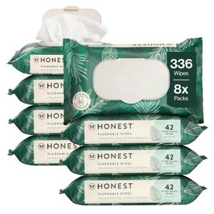The Honest Company Hypoallergenic Flushable Wipes for Sensitive Skin, Tropical Leaves, 336 Count (42 Count (Pack of 8))
