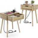 HAIOOU Nightstand with Charging Station Rattan Drawer, Set of 2 Mid Century Modern Side Tables, End Beside Table with Pine Wood Legs Storage for Bedroom Living Room