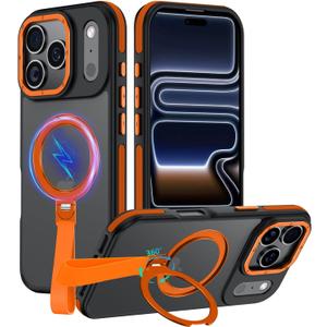 for iPhone 17 Pro Case with 360 Spin Magnetic Stand-Finger Strap, [Fit for MagSafe][Mil-Grade Protection] Ring Holder Kickstand Shockproof Translucent Matte for iPhone 17 Pro 6.3" (Orange)