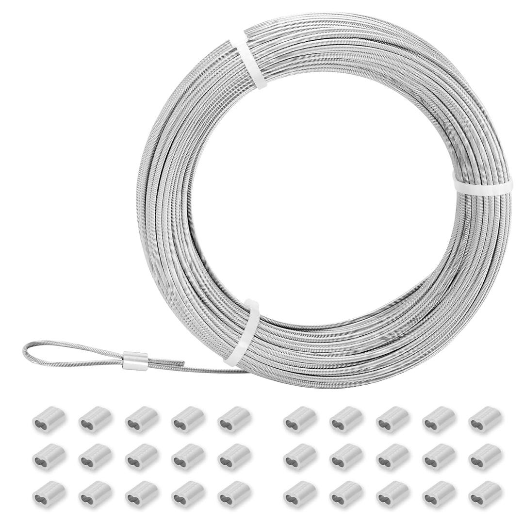 3/32 Stainless Steel Cable 100ft, 1x19 Strands Flexible Stainless Steel Aircraft Cable, Wire Rope for Deck Railing, String Light Hanging, Marine Rigging, Garden Wire with 30 M2.5 Crimping Loops