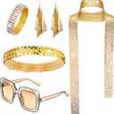 Sasylvia 5 Pcs 70s Disco Accessories Halloween Women Costume Jewelry Sequin Scarf Earrings Sunglasses Bracelet Headband(Gold)