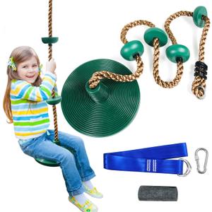 Tree Swing for Kids,Climbing Rope with Platforms,Disc Swing Seat Set Outdoor Playground Accessories for Kids-Include Carabiner, 4ft Tree Strap and Tree Protector (Green)