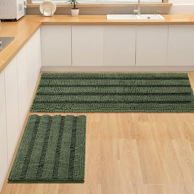 Non Slip Thick Shaggy Chenille Bathroom Rug Sets 2 Piece, Thickened Hot Melt Rubber Bottom Bath Mats for Bathroom, Bath Rugs Quick Dry Machine Washable for Shower (Loden, 47"x17" Plus 17"x24")