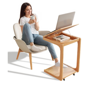 Wooden C-Shaped End Table,Couch Table with Adjustable Desktop,Small Rolling Side Table with 2 Lockable Wheels,Small End Table for Couch, Living Room,Bedroom (Natural)