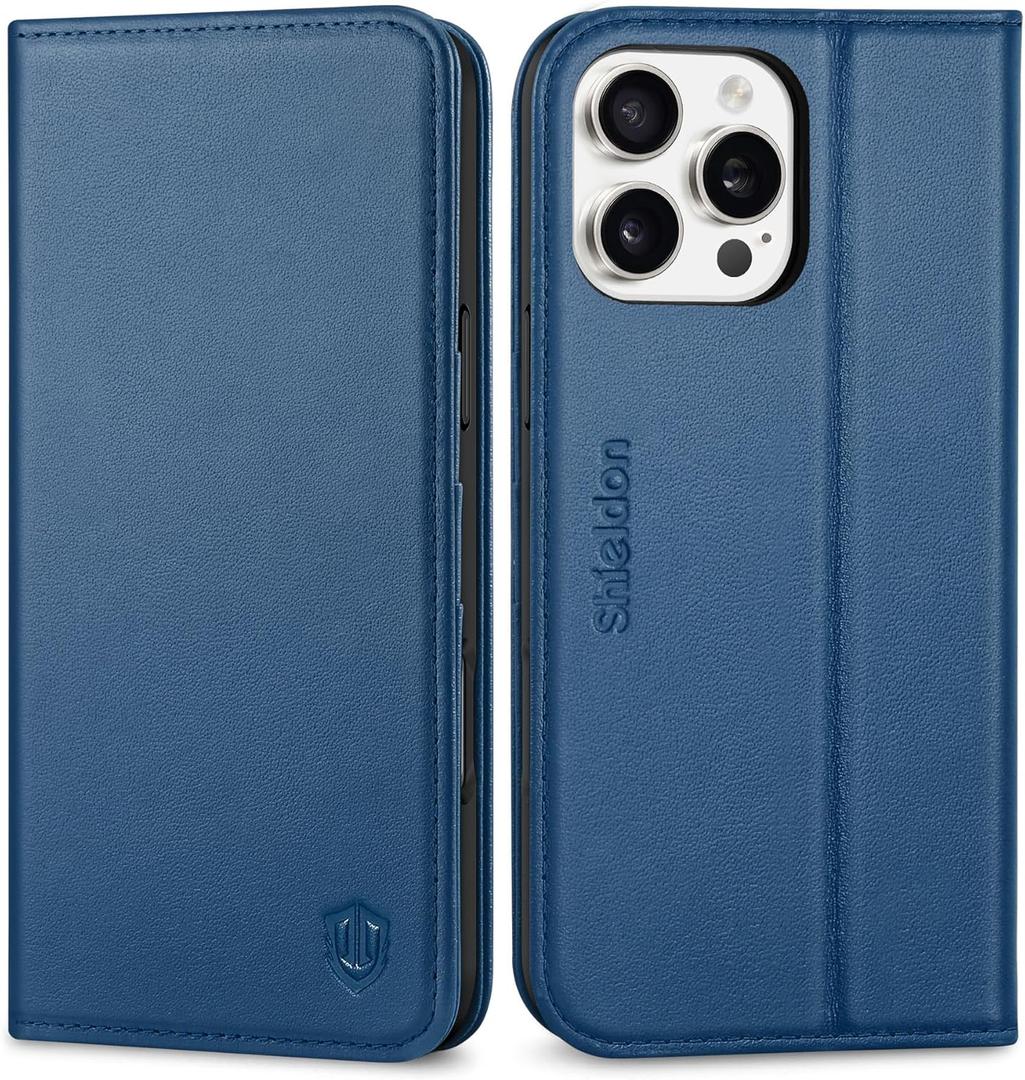SHIELDON Case for iPhone 16 Pro Max 5G 2024, Genuine Leather Wallet Flip Kickstand RFID Blocking Card Holder Magnetic Protective Phone Case Compatible with iPhone 16 Pro Max 6.9" - Nappa Royal Blue