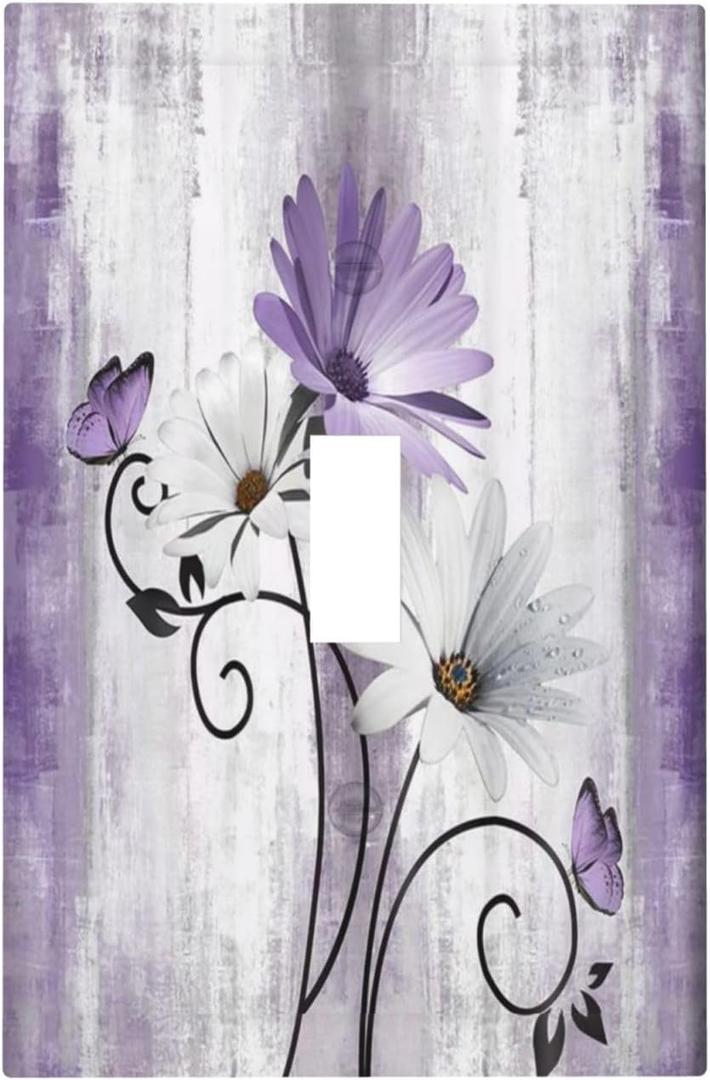 Rustic Farm Purple Daisy Floral Flowers and Butterfly on Violet Grey Wood Single Toggle Light Switch Cover Decorative 1 Gang Wall Plate Electrical Dimmer Switchplate for Country Bathroom Decor (Single Toggle Wall Plate)