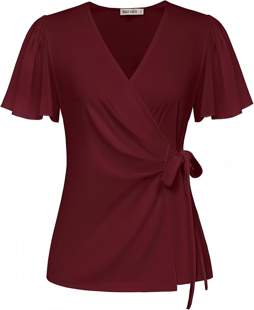 GRACE KARIN Women Deep V Neck Short Sleeve Sleeve Blouse Stretchy Dressy Tops Waist Wrap Peplum Top Burgundy L