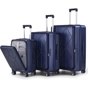 TRAVELEO 3 Piece Luggage Set 100% PC Hardshell, Front Opening Expandable Suitcase (20/24/28) with Laptop Compartment & Free Custom PVC Covers, Lightweight Spinner Wheels TSA Lock (Navy Blue)