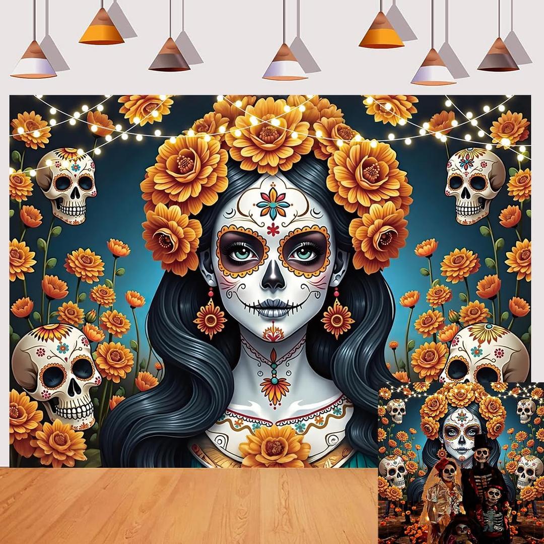Dia De Los Muertos Backdrop Day of The Dead Marigold Flower Sugar Skull Mexican Fiesta Photography Background Halloween Home Altar Decorations Party Banner Supplies (10x8FT)