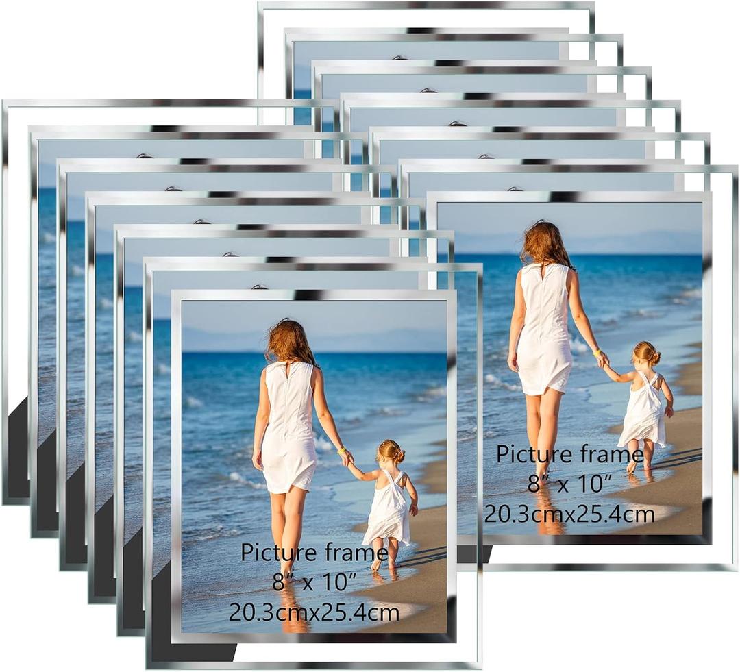 Hoikwo Bulk 8x10 Picture Frames, 12 Packs Silver Photo Frames 8 by 10, Glass Wedding Frames 8x10, Clear Mirror Wedding Photo Frames, Only for Tabletop Display Vertically or Horizontally