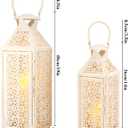JHY DESIGN Set of 2 Vintage Candle Lanterns 19"&14''H Decorative Metal Candle Holders with Hollow Pattern for Garden Porch Shelf Indoor Outdoor Parties Weddings Patio(White Brushed Gold)