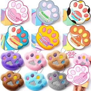 24 PCS Kids Valentines Day Cards with Stuffed Cat Paws Toys, Valentines Day Gifts for Kids Classroom, Animal Plush Toy for School Valentines Gifts Exchange, Valentine Party Favors Supply for Boys Girls